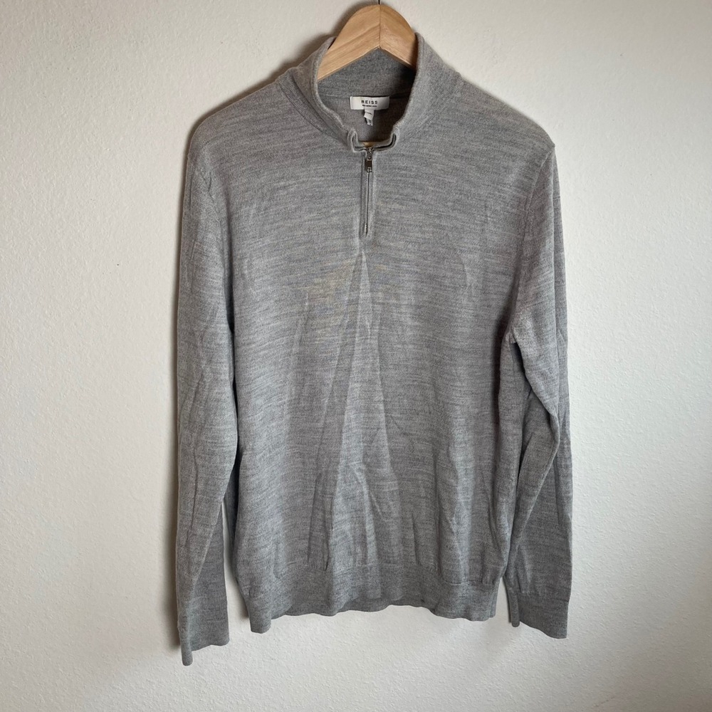 Reiss Sweater Mens XL Grey Merino Wool Quarter Zip Pullover Knit Casual Flaws